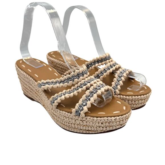 Carrie Forbes Said Raffia 3 Strap Neutral Gray Open Toe Espadrille Wedge Sandals - Picture 6 of 12